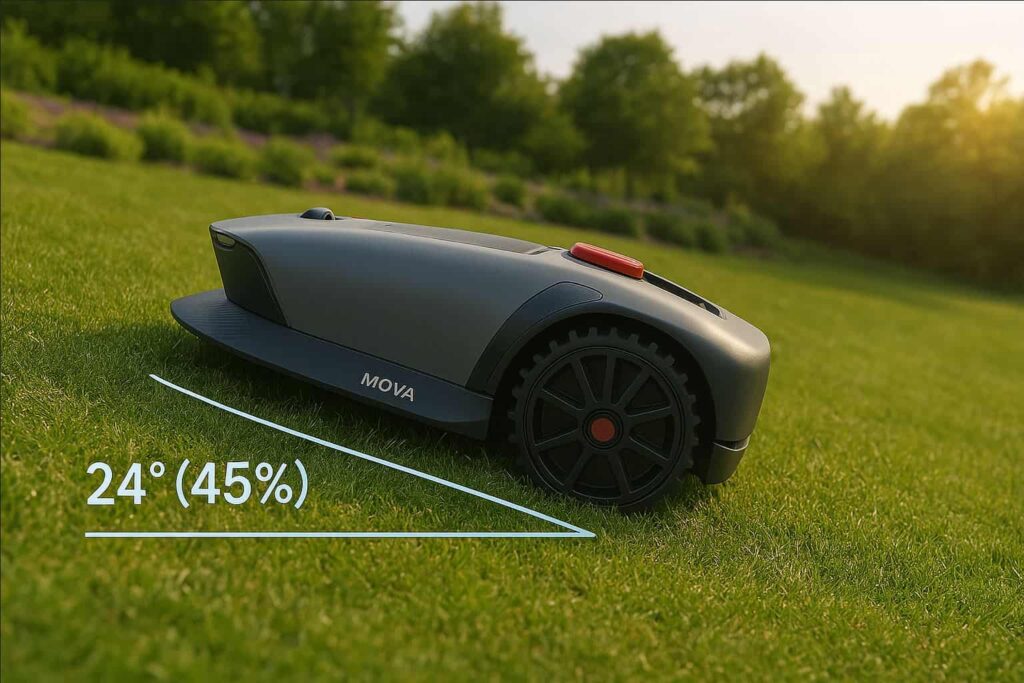 Robot montant une pente herbeuse de 45%