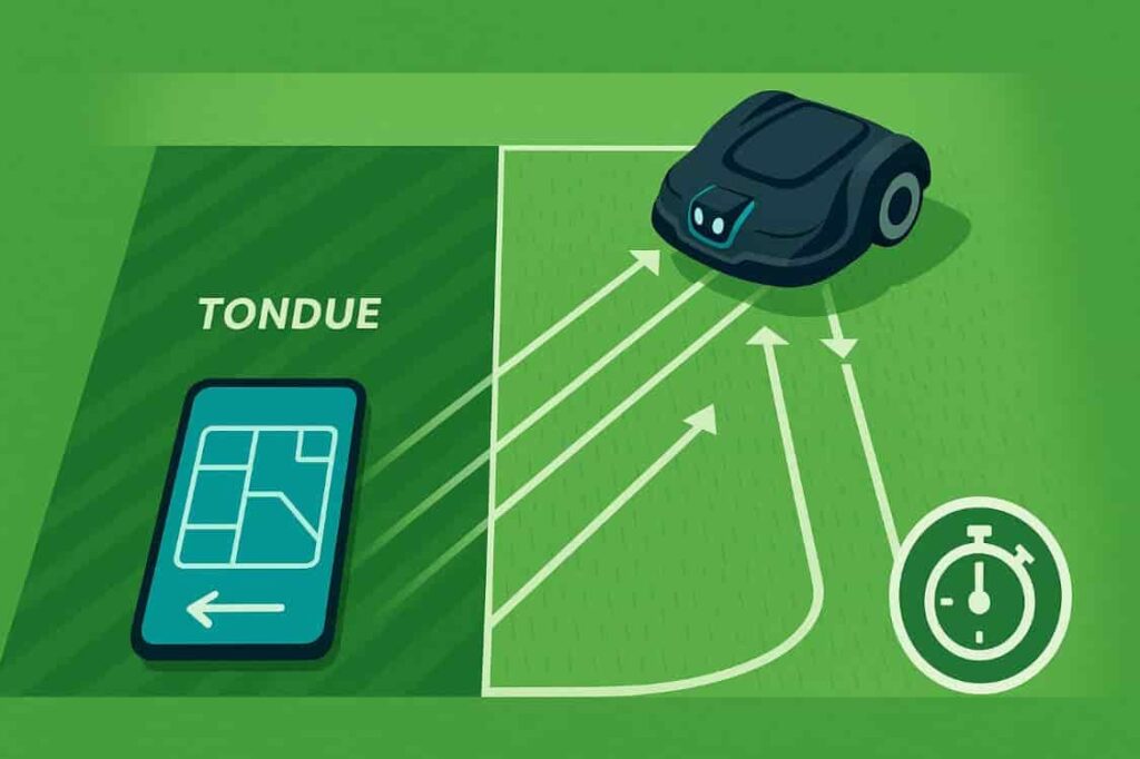 robot tondeuse naviguant en lignes parfaitement parallèles sur une pelouse, superposition de carte avec zone déjà tondue et à faire